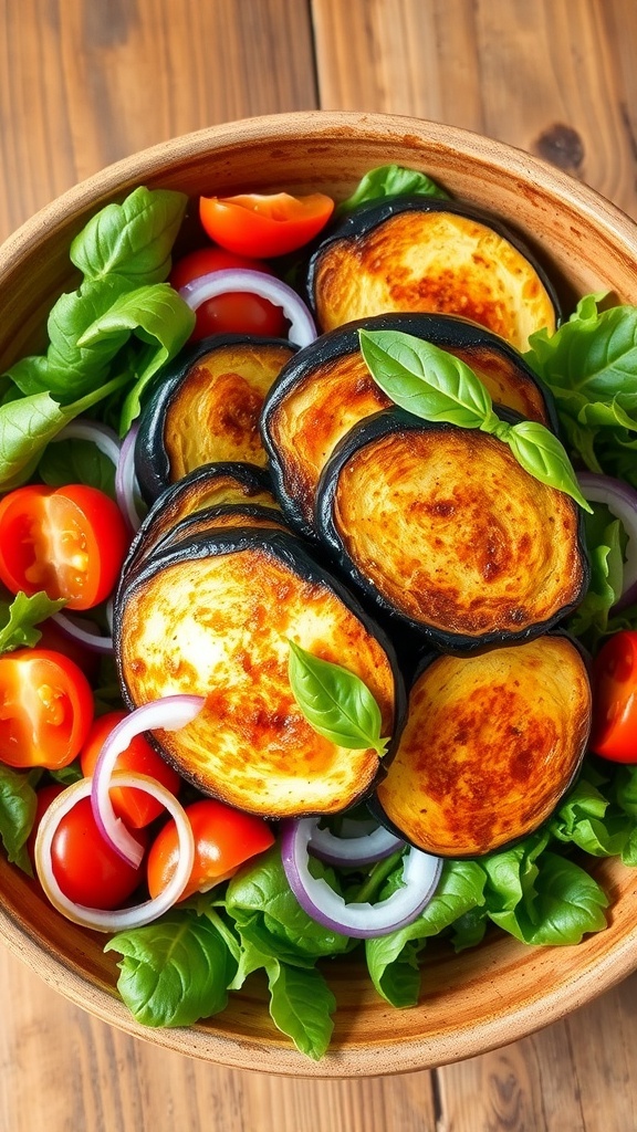 Crispy eggplant salad with mixed greens, cherry tomatoes, and balsamic vinaigrette in a rustic bowl.